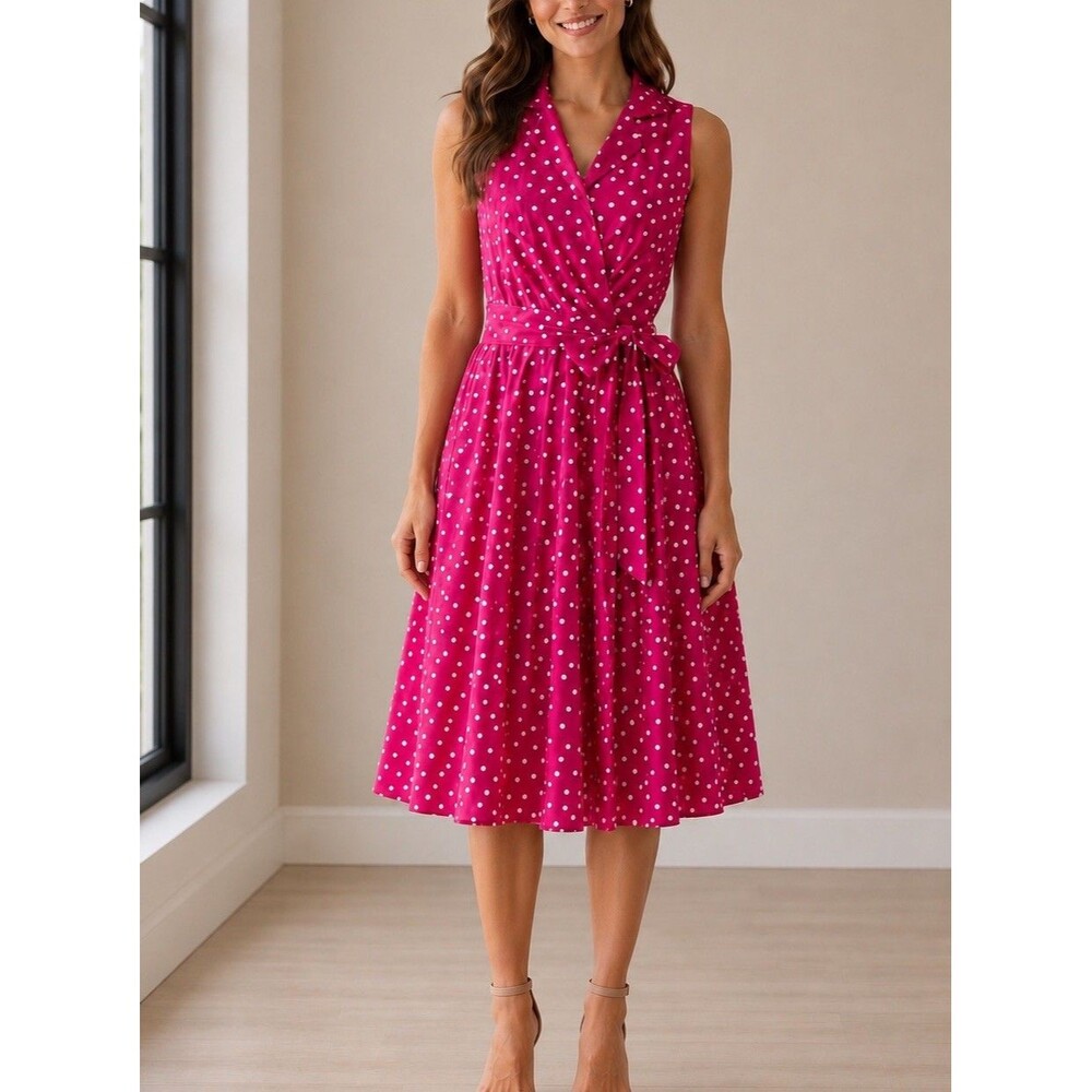 Evan Picone Pink Polka Dot Dress Fitted Tie Waist Full Skirt Sleeveless Size 12